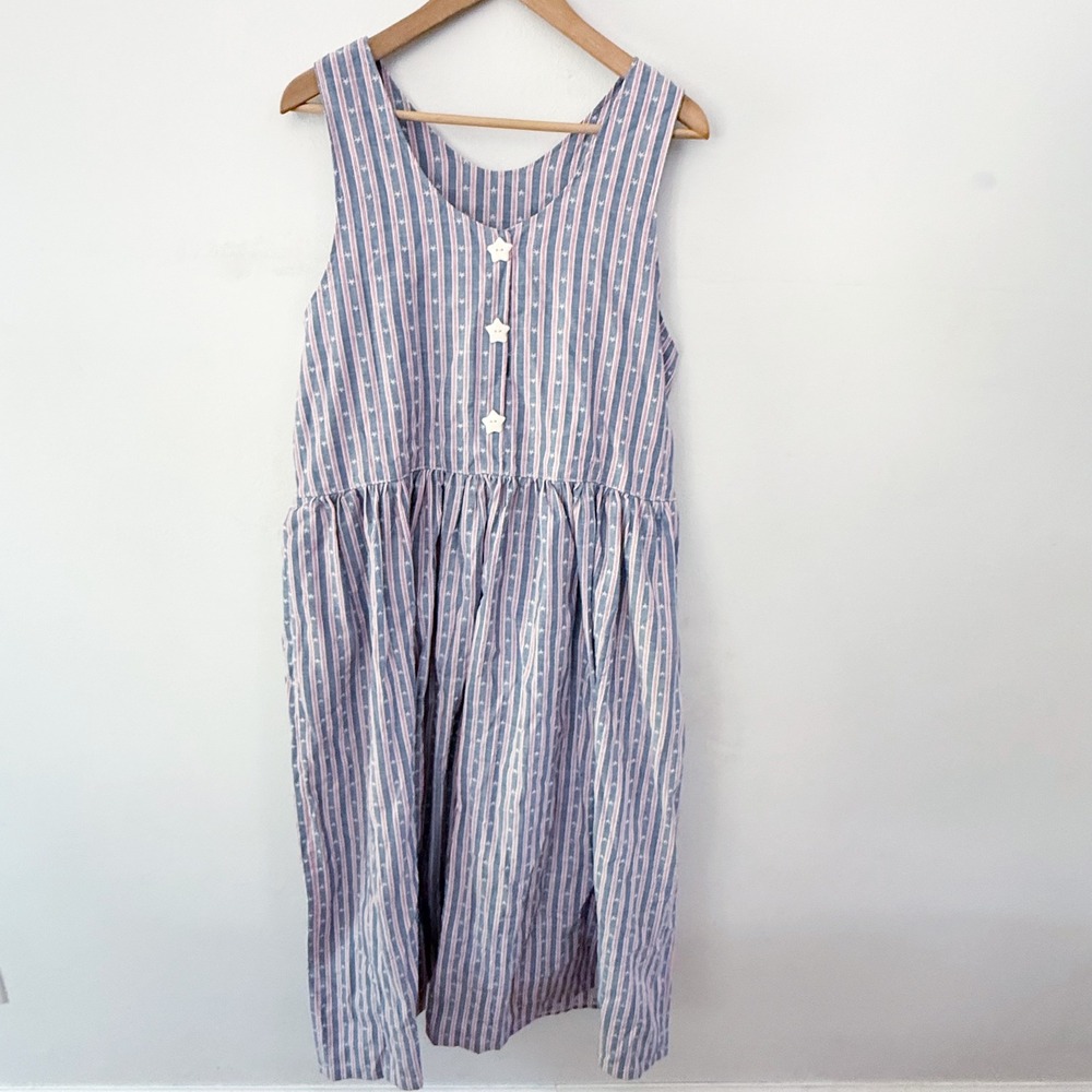 Vintage Pinafore Dress Women Blue Red Americana Stars Stripes Jumper Cottage
